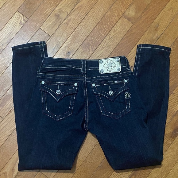 MISS ME SKINNY DARK WASH JEANS SADDLE STITCH POCKET RED,WHITE AND BLUE SZ 27 - Picture 2 of 14